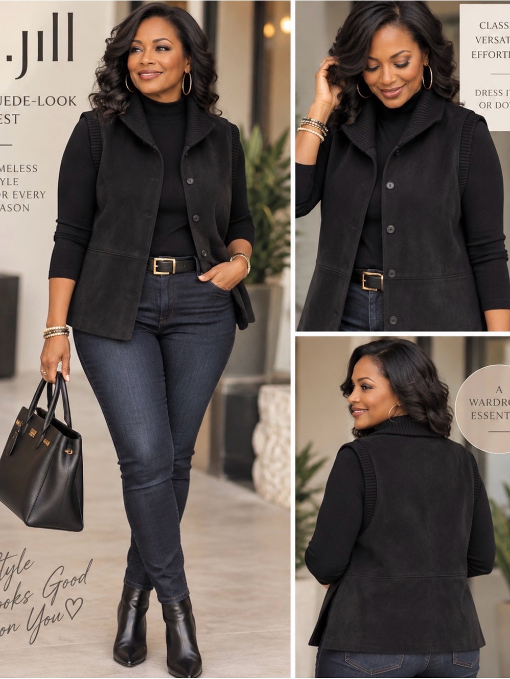 J. Jill Black Suede-Look Sleeveless Button Vest